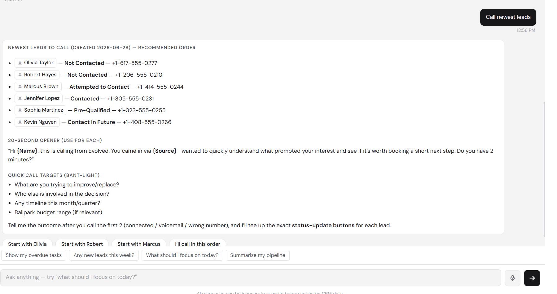 Evo AI inside Yukon CRM — call queue with dialing order, opener script, and qualifying questions