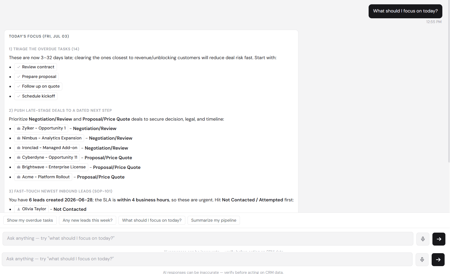 Evo AI inside Yukon CRM — daily focus digest surfacing overdue tasks, slipping deals, and urgent leads