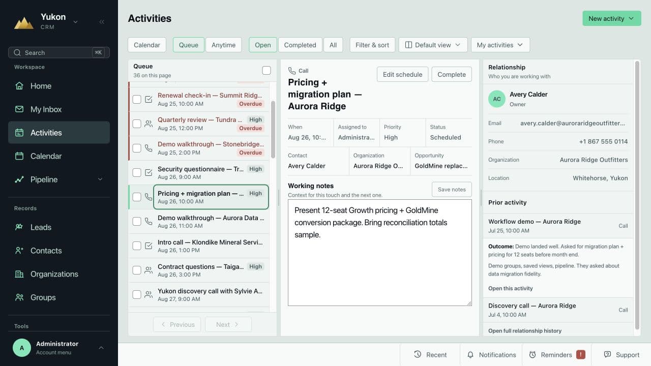 Yukon CRM activities queue — overdue and upcoming calls with working notes and relationship history
