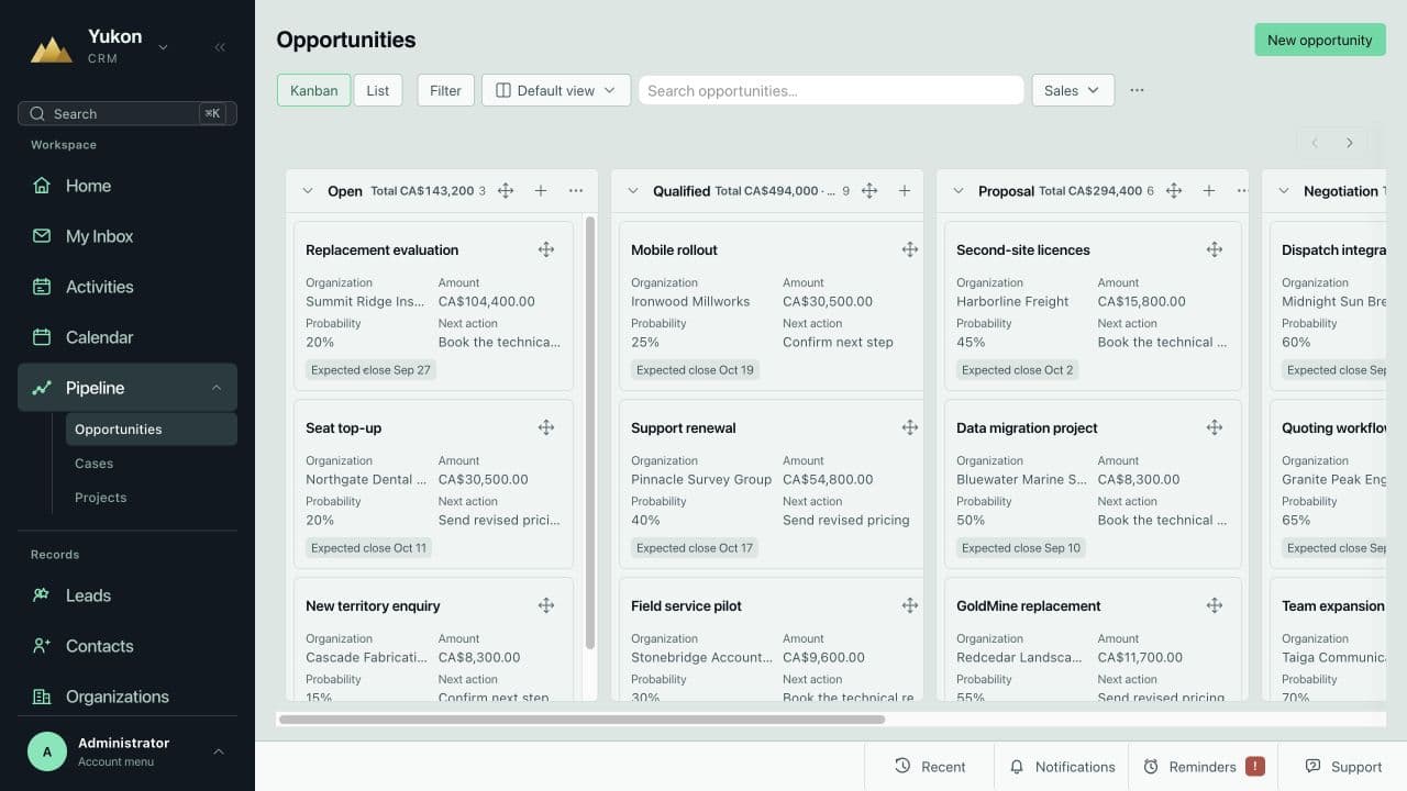 Yukon CRM opportunities pipeline in Kanban view