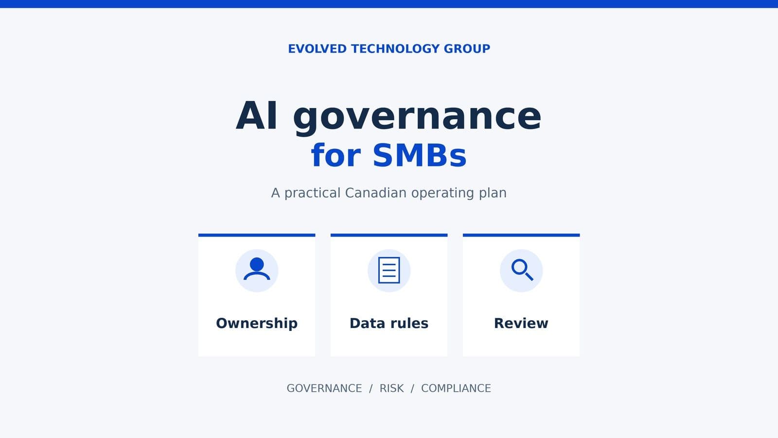 Original illustration of AI governance for SMBs with three panels for ownership, data rules and human review.
